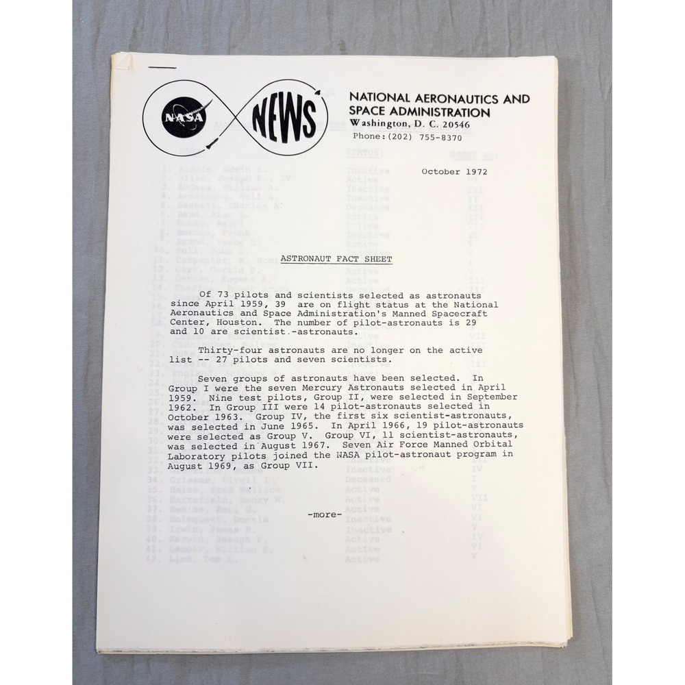 Vtg 1972 NASA News Astronaut Fact Sheet Apollo 16 17 Flight Crews Press Release